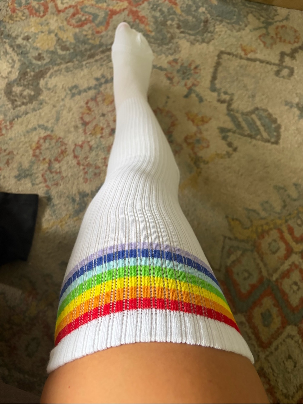 White Knee-High Socks with Rainbow Stripes